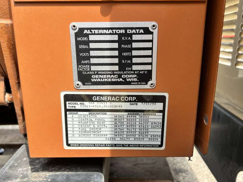 Used Generac SG0060 Natural Gas / Propane Generator, 341 Hrs