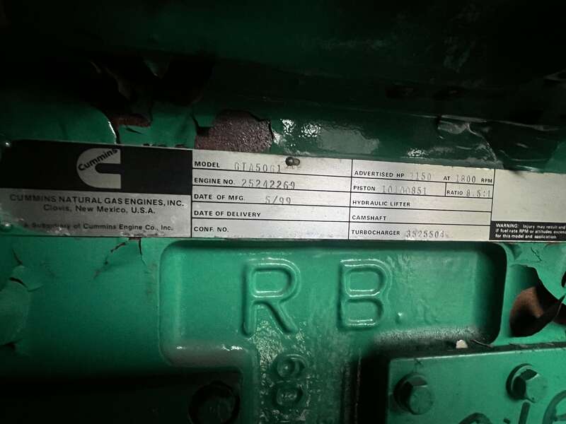 Used Cummins GTA50-G1 Natural Gas Generator, 715 Hrs