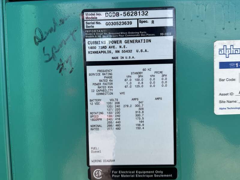 Used Cummins DGDB 6BT5.9-G6 Diesel Generator, 217 Hrs