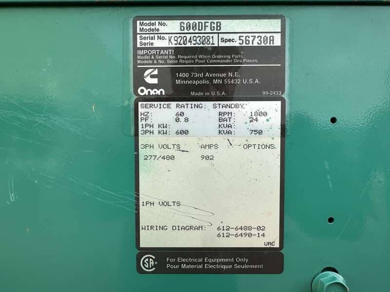 Used Cummins DFGB VTA28-G2 Diesel Generator, 481 Hrs