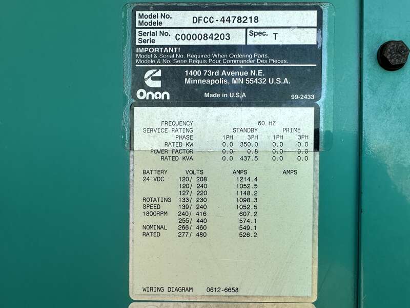 Used Cummins 350DFCC NTA-855-G3 Diesel Generator, 568 Hrs