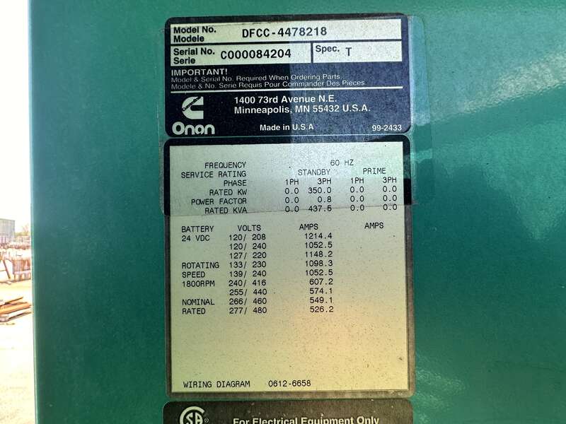 Used Cummins 350DFCC NTA-855-G3 Diesel Generator, 485 Hrs