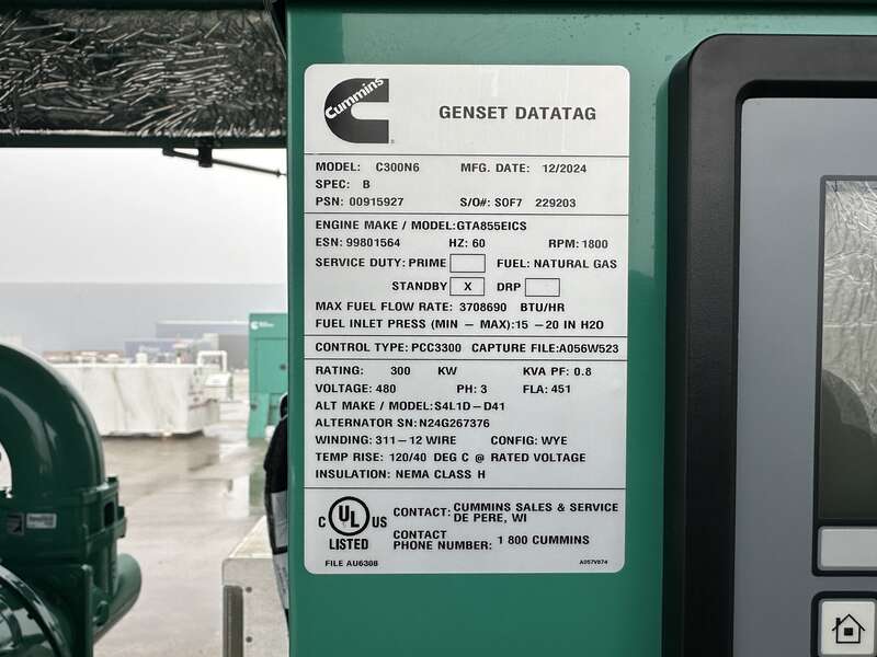 New Cummins C300N6 GTA855EICS Natural Gas Generator 0 Hrs EPA Certified