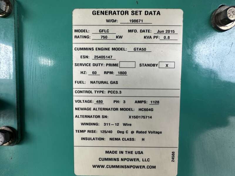 Used Cummins 750GFLC Natural Gas Generator, 581 Hrs