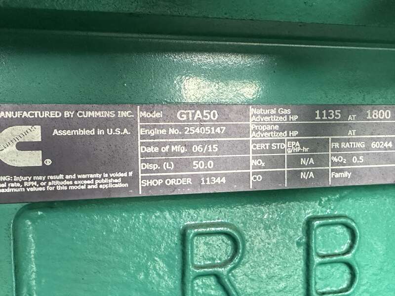 Used Cummins 750GFLC Natural Gas Generator, 581 Hrs