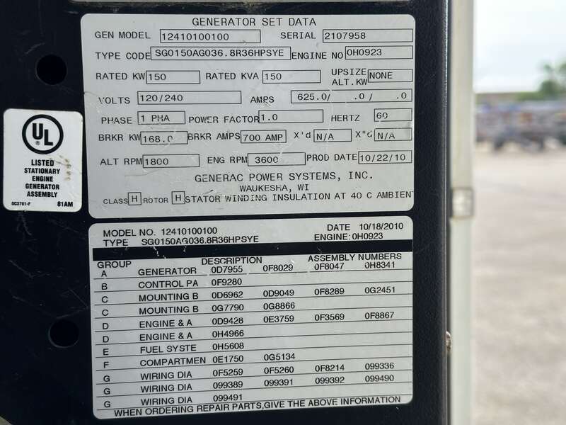 Used Generac SG0150 Natural Gas / Propane Generator 378 Hrs Single Phase