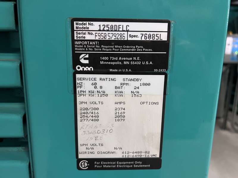 Used Cummins DFLC KTA50-G3 Diesel Generator, 1099 Hrs