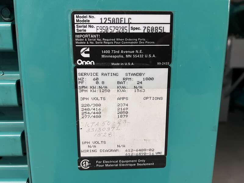 Used Cummins DFLC KTA50-G3 Diesel Generator, 1104 Hrs