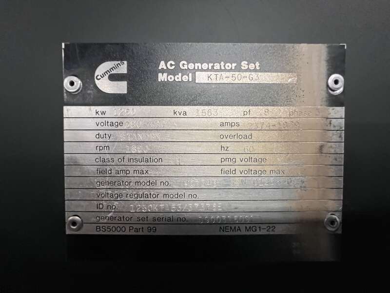 Used Cummins KTA50-G3 Diesel Generator, 993 Hrs