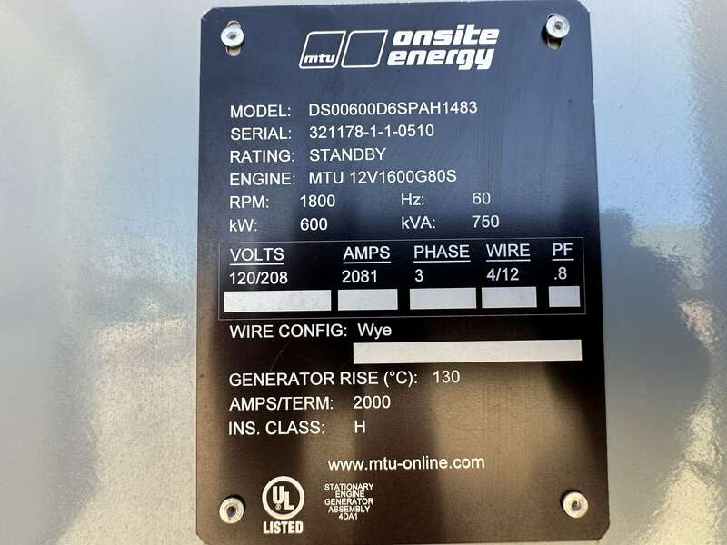 Used MTU DS600 12V1600G80S Diesel Generator, 293 Hrs, EPA Tier 2