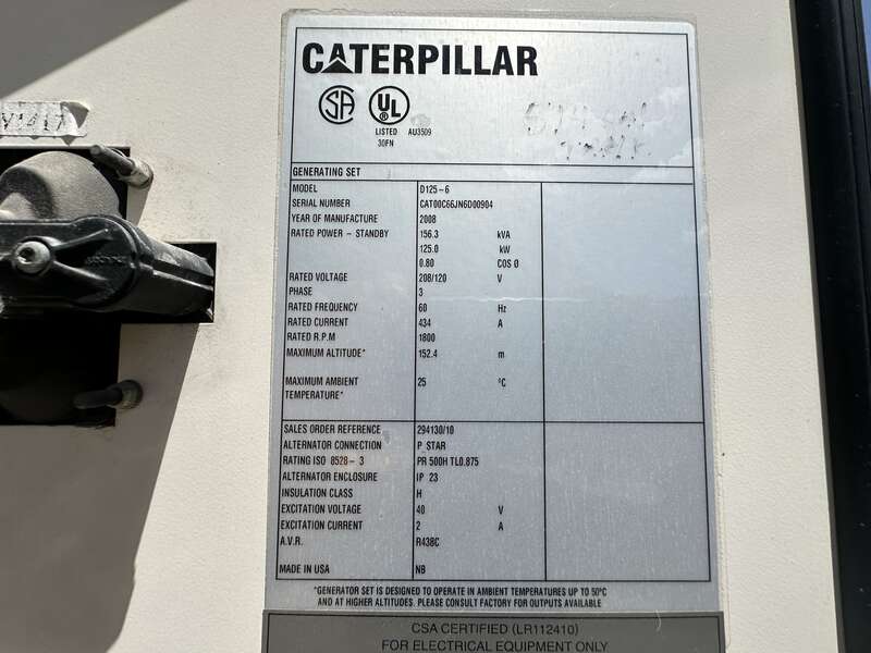 Used Caterpillar D125-6 C6.6 Diesel Generator 512 Hrs EPA Tier 3