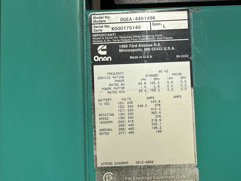 Used Cummins DGEA 6CT8.3-G2 Diesel Generator, 748 Hrs