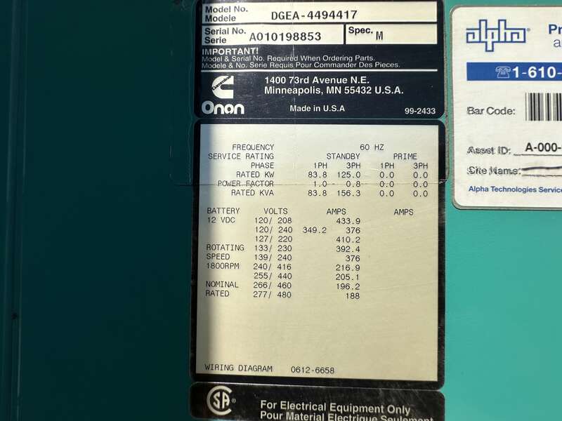 Used Cummins DGEA 6CT8.3-G2 Diesel Generator, 934 Hrs