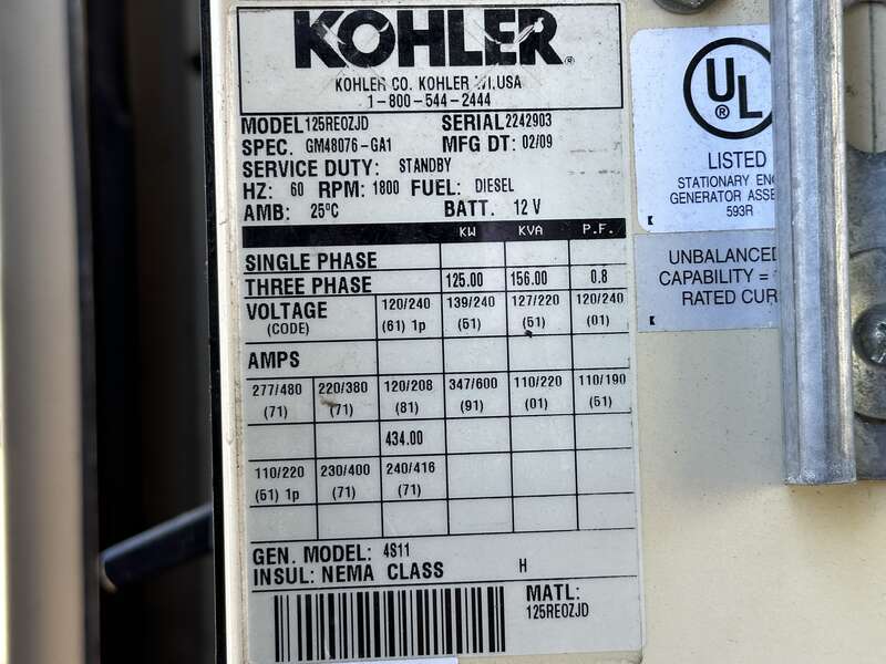 Used Kohler 125REOZJD Diesel Generator,  373 Hrs, EPA Tier 3