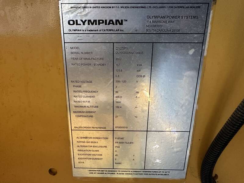 Used Caterpillar Olympian D125P1 Diesel Generator, 588 Hrs