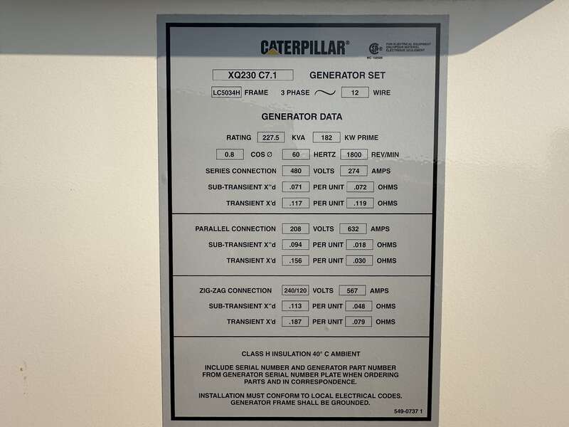 Used Caterpillar XQ230 Rental Grade Diesel Generator, 4588 Hrs, EPA Tier 4F