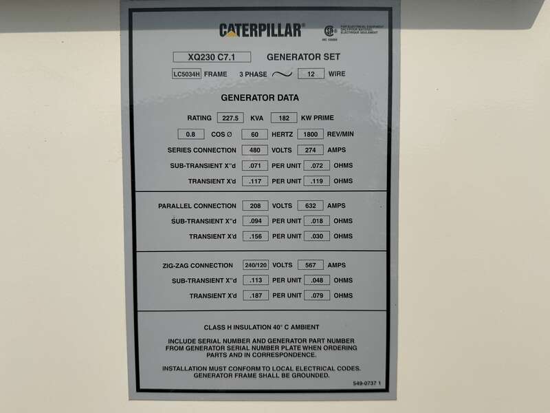 Used Caterpillar XQ230 Rental Grade Diesel Generator, 4148 Hrs, EPA Tier 4F