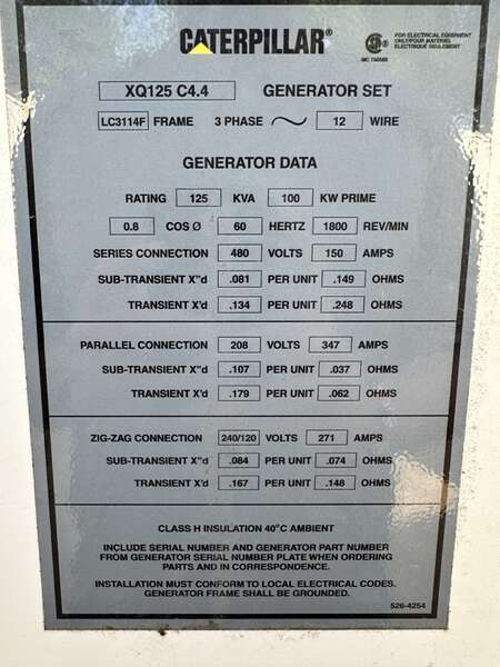 Used Caterpillar XQ125 Rental Grade Diesel Generator 5454 Hrs EPA Tier 4F