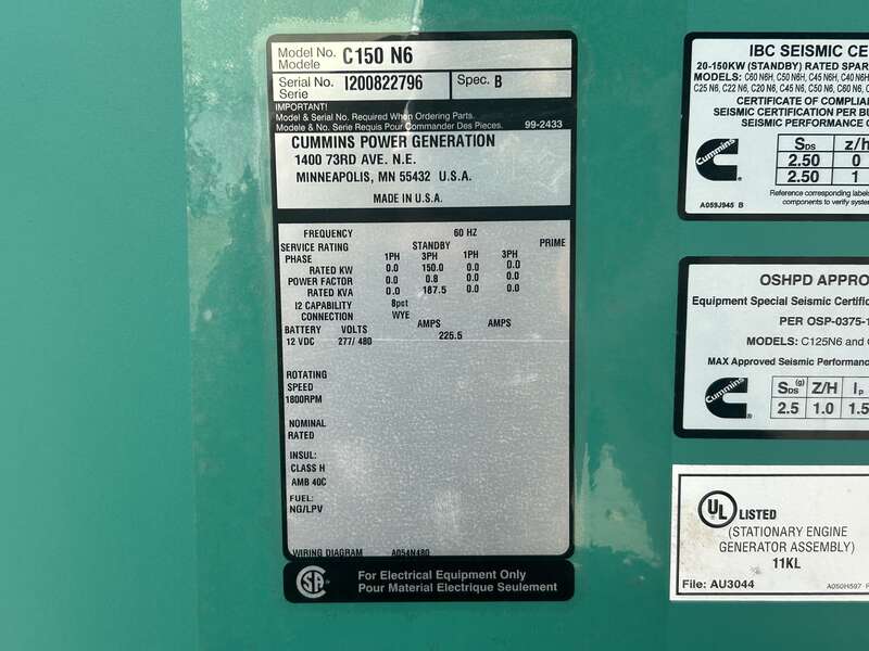New Cummins C150N6 QSJ8.9G Natural Gas / Propane Generator, EPA Certified (Warranty Exp)