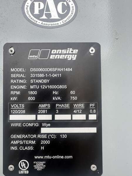 Used MTU DS600 12V1600G80S Diesel Generator, 188 Hrs, EPA Tier 2