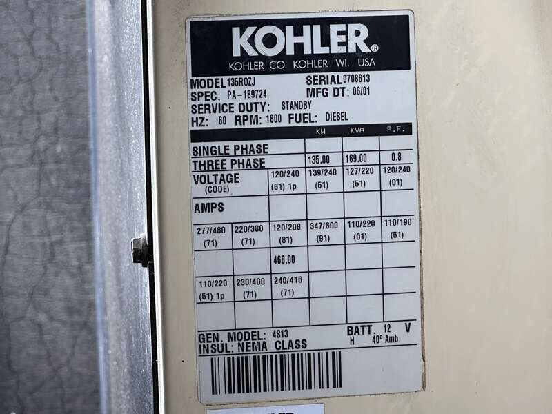 Used Kohler 135ROZJ John Deere 6081TF001 Diesel Generator, 533 Hrs