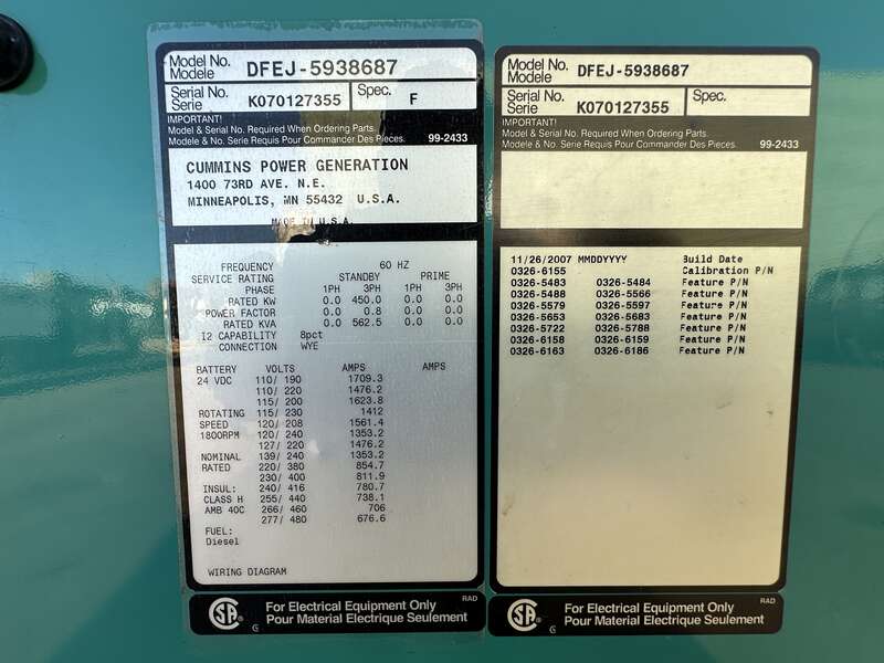 Used Cummins DFEJ QSX15-G9 NR2 Diesel Generator 434 Hrs EPA Tier 2