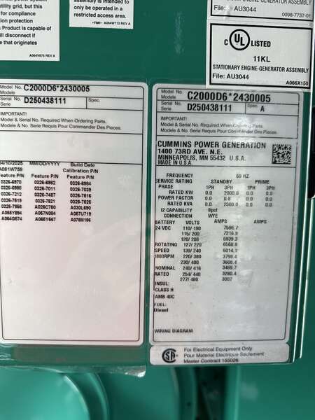 New Cummins C2000D6E QSK50-G24  Diesel Generator, EPA Tier 2