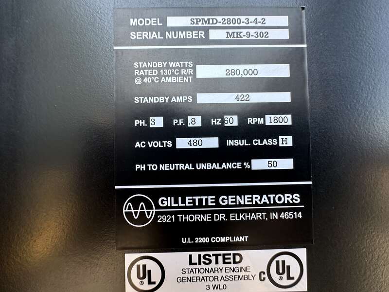 Used Gillette SPMD-2800-3-4-2 Diesel Generator,  140 Hrs, EPA Tier 3