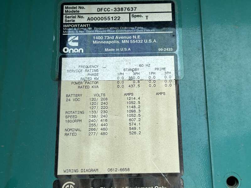 Used Cummins 350DFCC NTA-855-G3 Diesel Generator, 273 Hrs