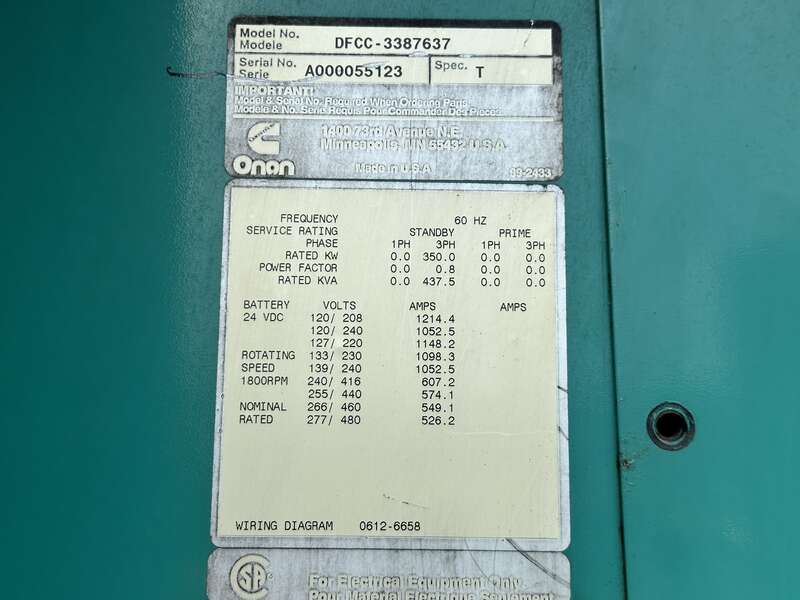 Used Cummins 350DFCC NTA-855-G3 Diesel Generator, 304 Hrs