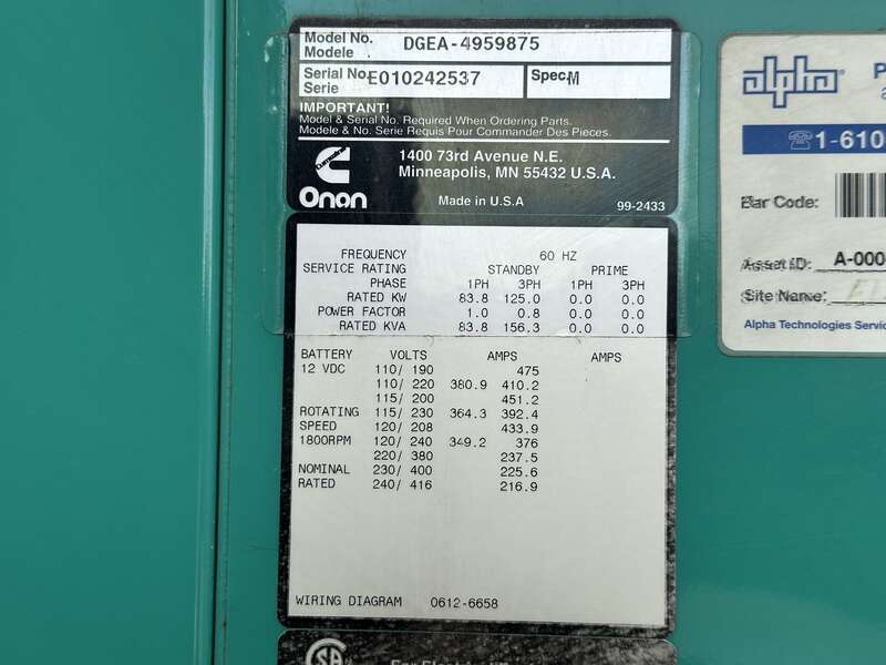 Used Cummins DGEA 6CT8.3-G2 Diesel Generator, 670 Hrs