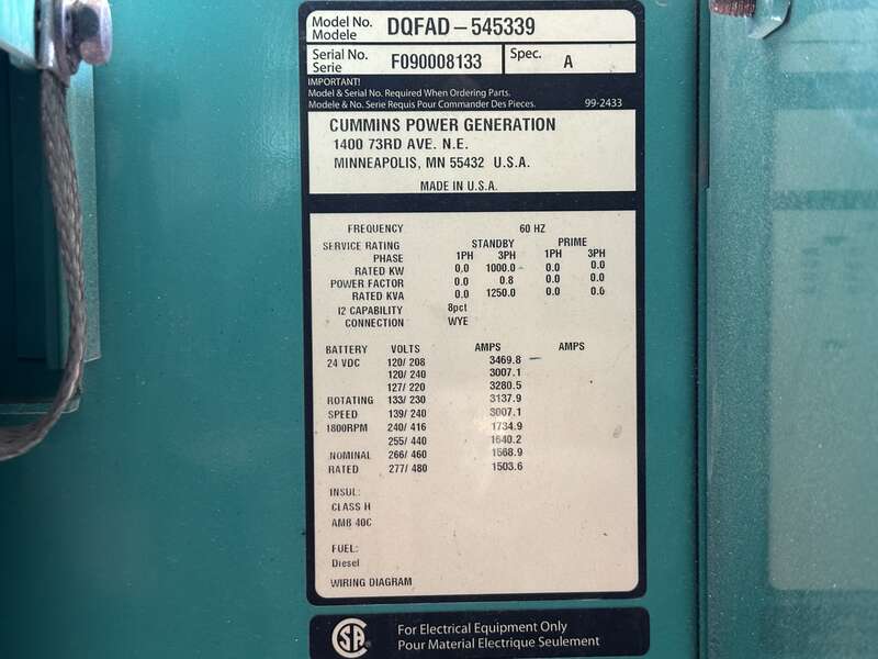 Used Cummins DQFAD QST30-G5 NR2 Diesel Generator, 328 Hrs, EPA Tier 2