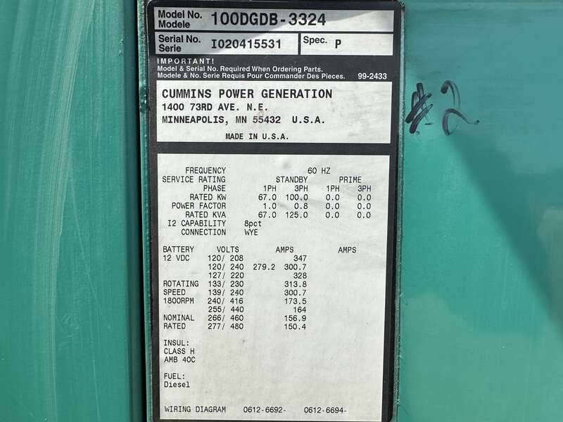 Used Cummins DGDB 6BT5.9-G6 Diesel Generator, 265 Hrs