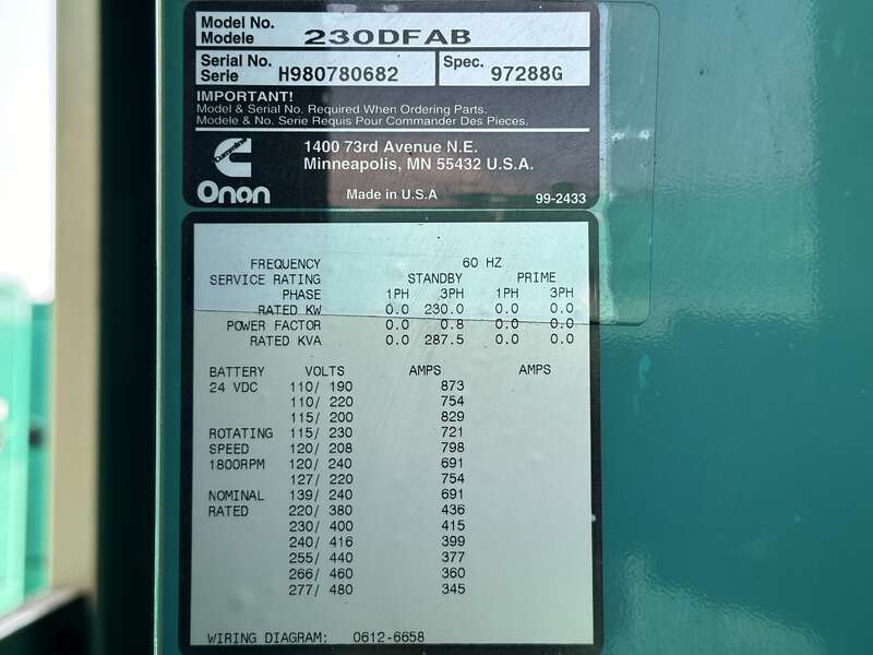 Used Cummins DFAB LTA10-G1 Diesel Generator, 257 Hrs