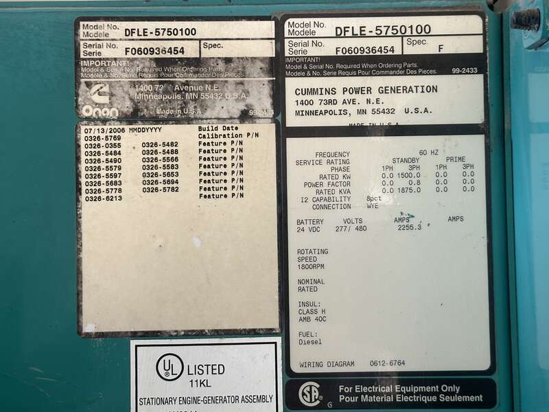 Used Cummins DFLE KTA50-G9 Diesel Generator, 583 Hrs
