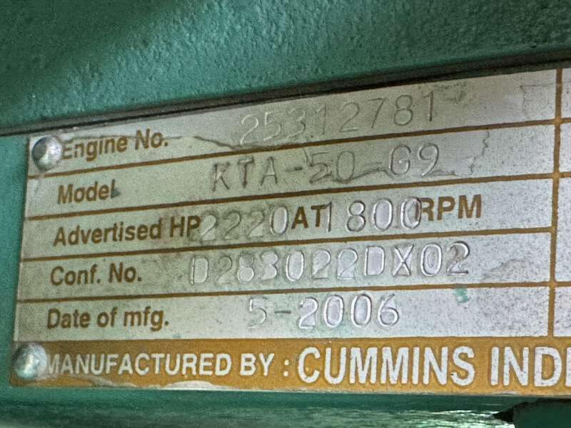 Used Cummins DFLE KTA50-G9 Diesel Generator, 583 Hrs