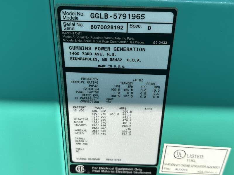 Used Cummins GGLB Natural Gas / Propane Generator, 320 Hrs