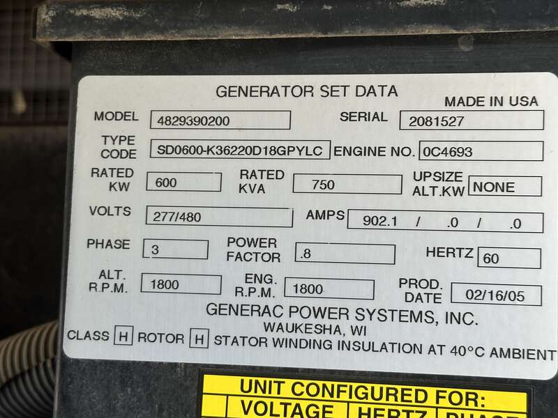Used Generac SD0600 Diesel Generator, 461 hours