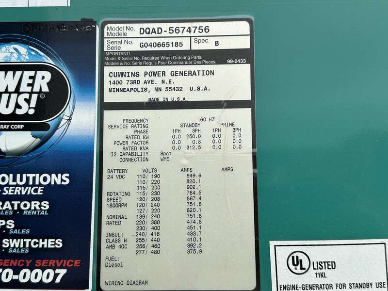 Used Cummins DQAD QSM11-G2 Diesel Generator, 243 Hrs, EPA Tier 2