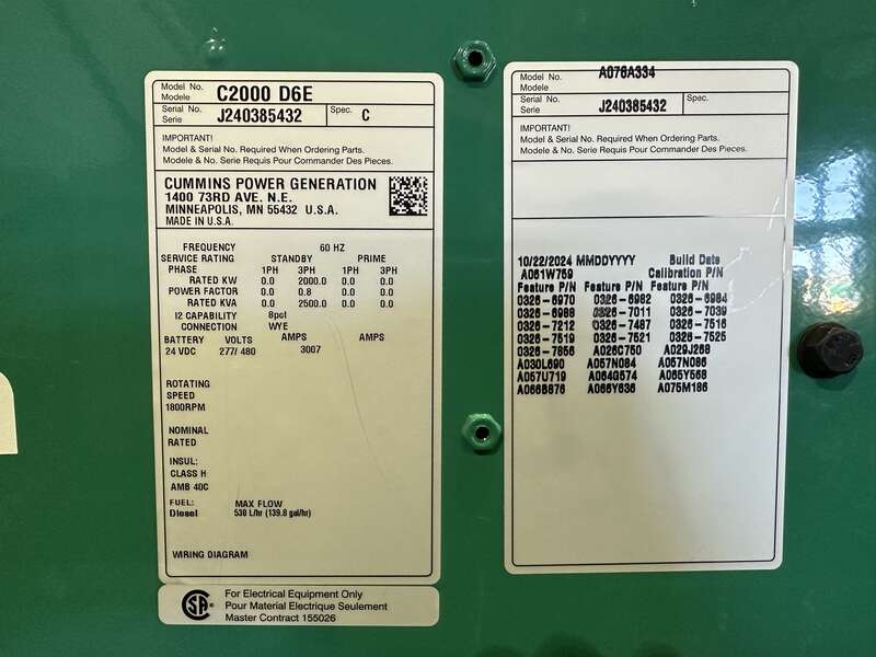 New Cummins C2000D6E QSK50-G24 Diesel Generator, EPA Tier 2