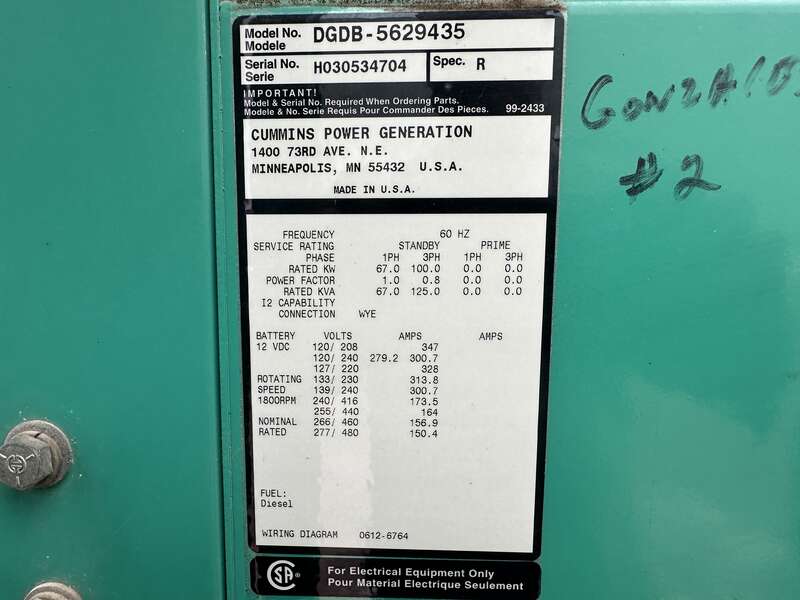 Used Cummins DGDB 6BT5.9-G6 Diesel Generator, 109 Hrs