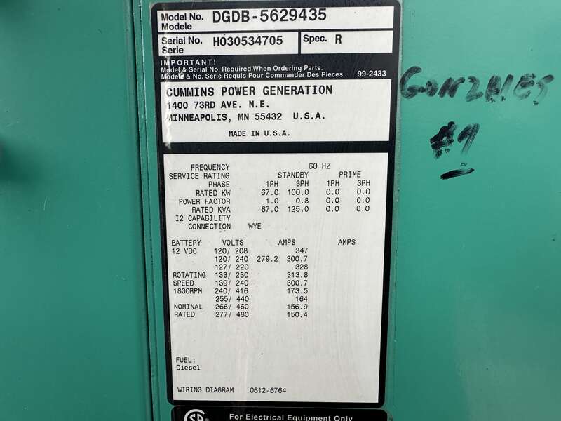 Used Cummins DGDB 6BT5.9-G6 Diesel Generator, 154 Hrs