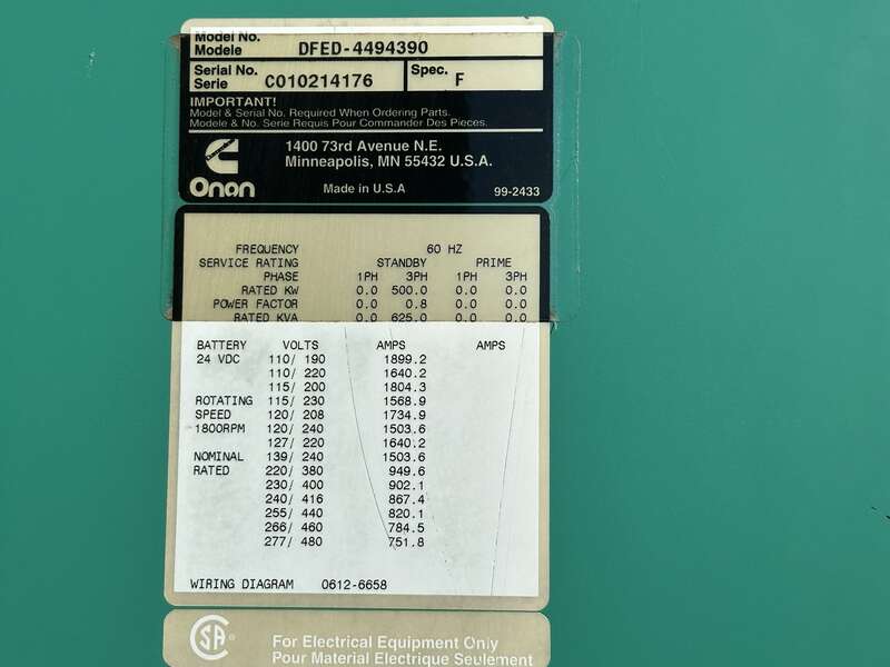 Used Cummins DFED KTA19-G4 Diesel Generator, 907 Hrs