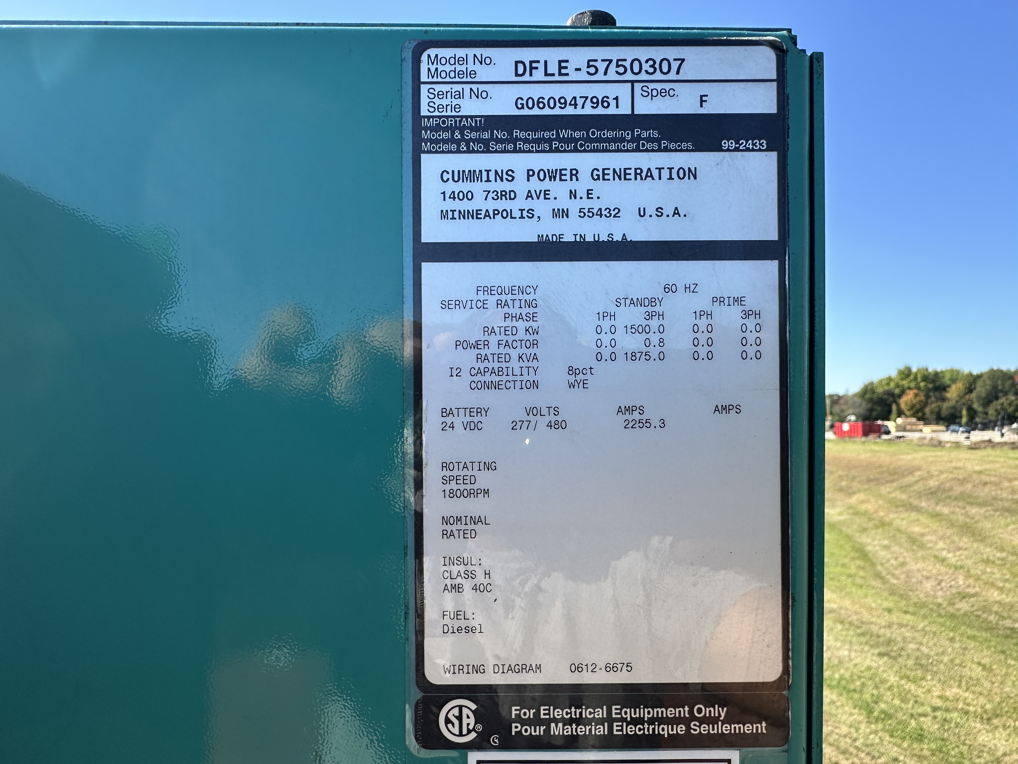 Used Cummins DFLE KTA50-G9 Diesel Generator | 552 Hrs | 1250 KW