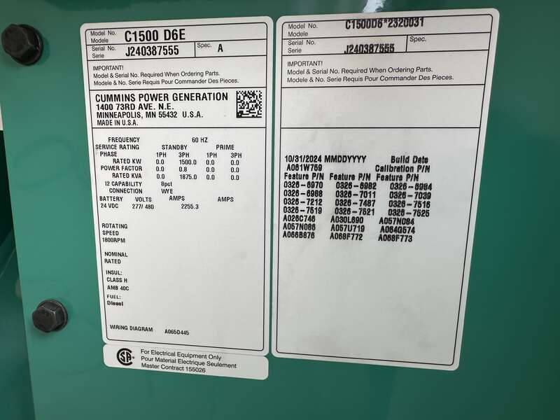 New Cummins C1500D6E Diesel Generator, 0 Hrs, EPA Tier 2
