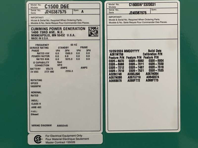 New Cummins C1500D6E Diesel Generator, 0 Hrs, EPA Tier 2