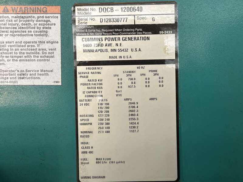 Used Cummins DQCB QSK23-G7 NR2 Diesel Generator, 470 Hrs, EPA Tier 2