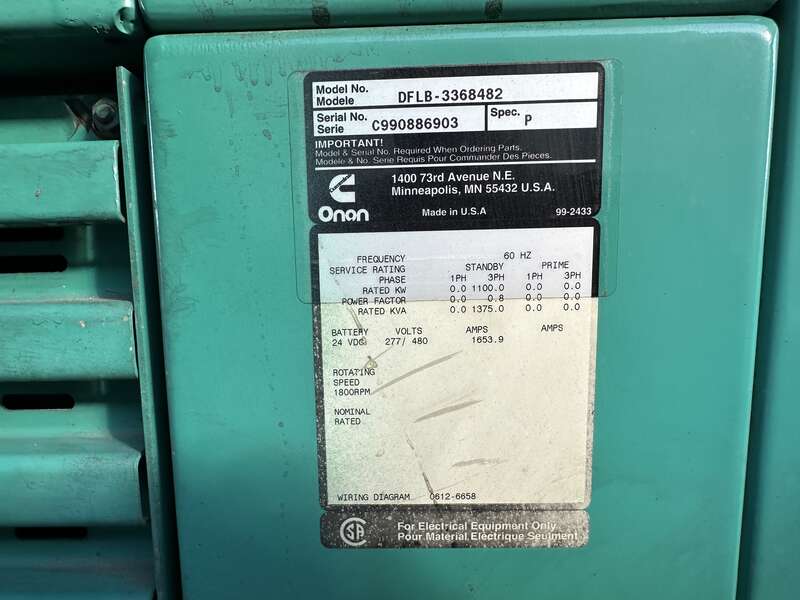 Used Cummins DFLB KTA50-G2 Diesel Generator, 459 Hrs