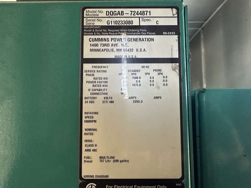 Used Cummins DQGAB Diesel Generator, 770 Hrs, EPA Tier 2