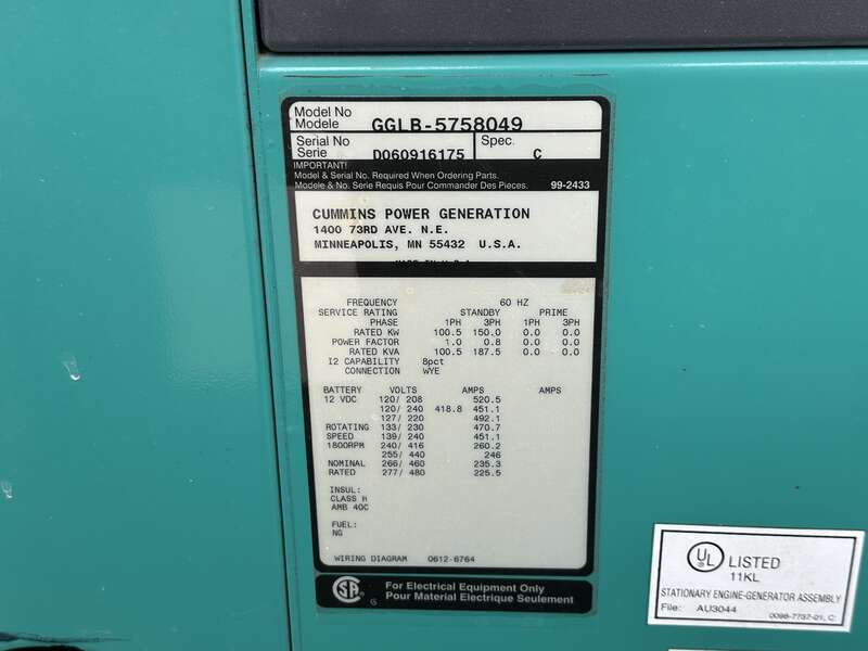 Used Cummins GGLB Natural Gas / Propane Generator, 1181 Hrs